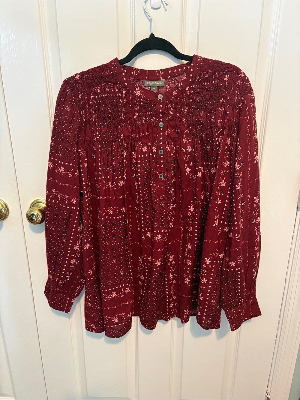 Style & Co. Burgundy Floral Smocked Button-Front Blouse